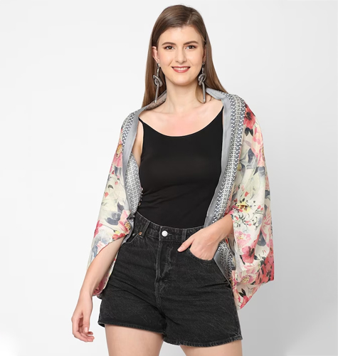 Women White & Pink Printed Shrug
